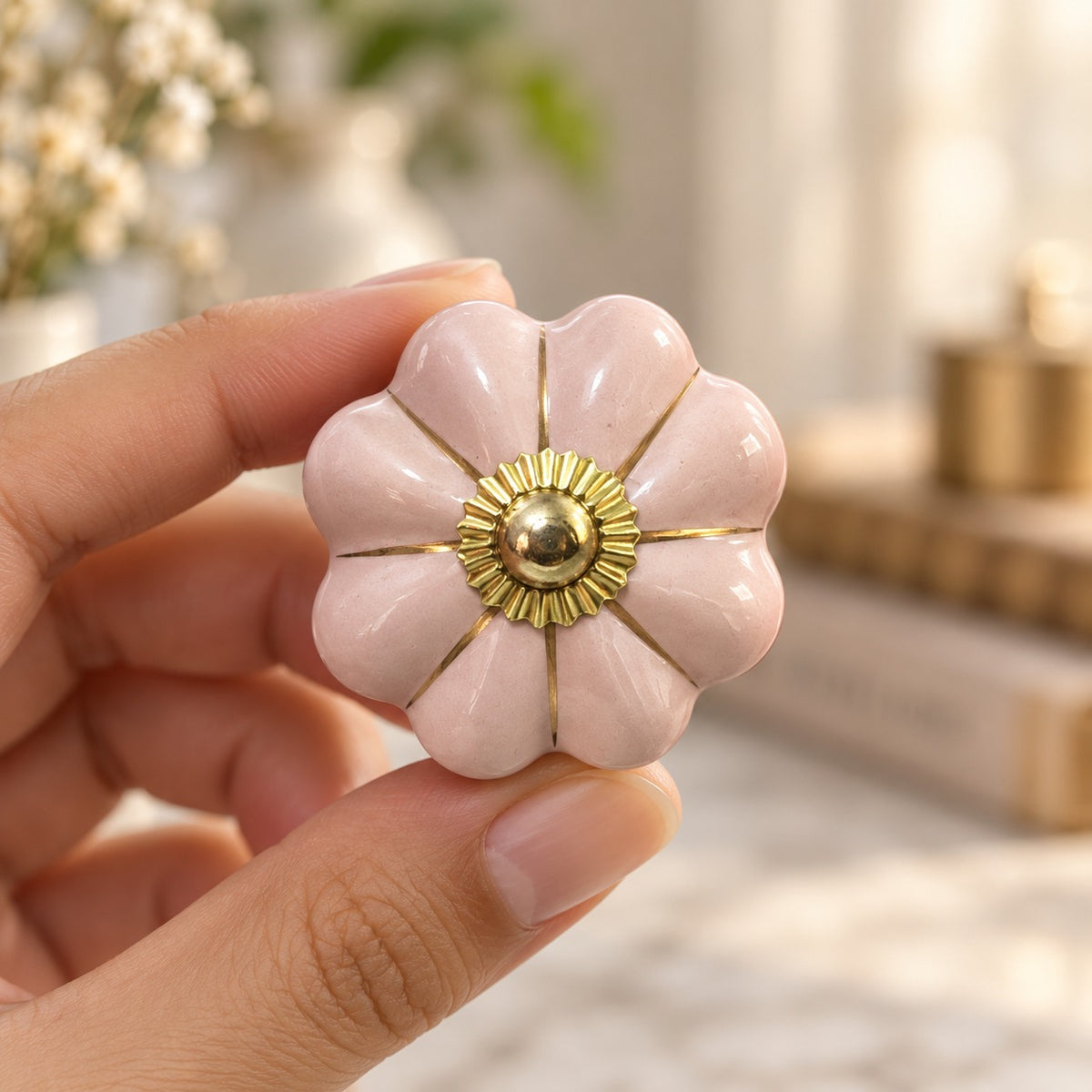 Blush Pink Ceramic Flower Cabinet Knob with Gold Brass Base