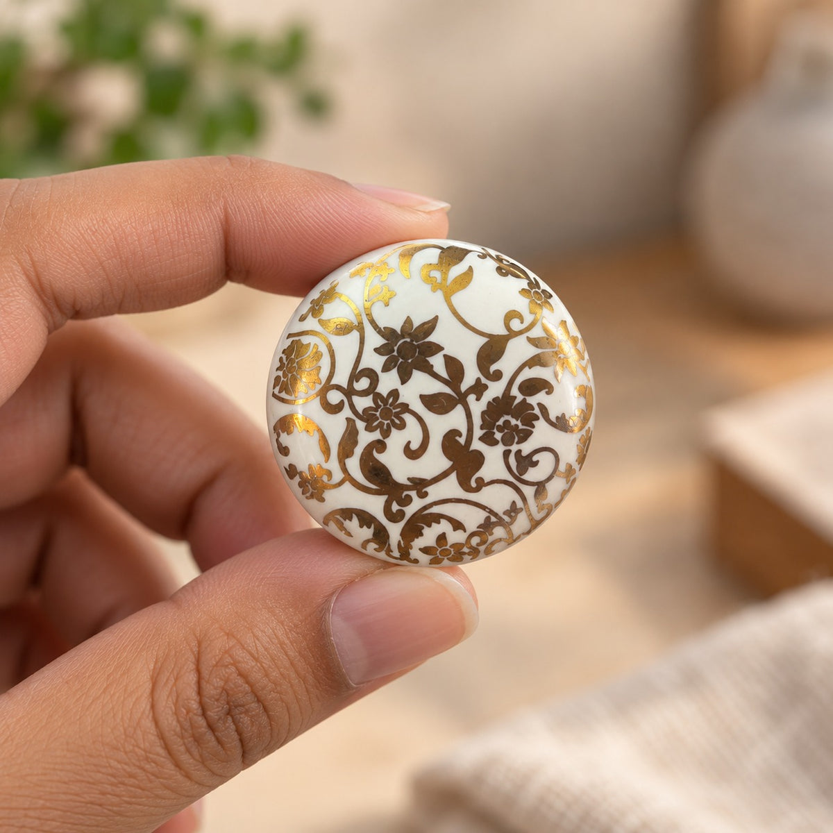 Ivory Ceramic Cabinet Knob with Brown & Gold Floral Design