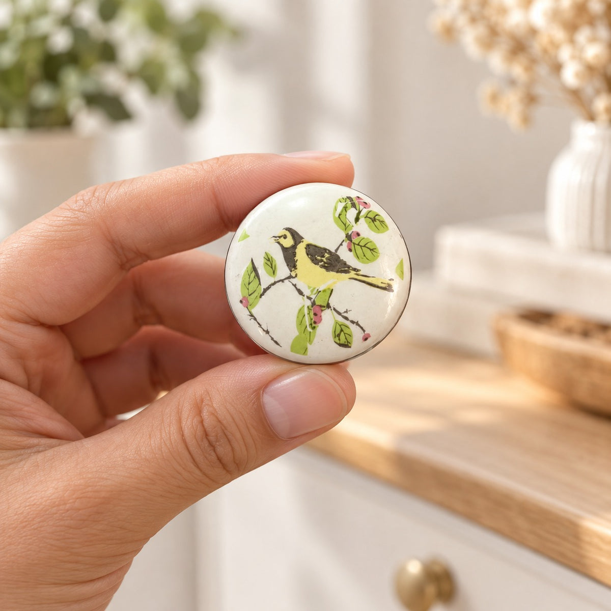 Decorative Ceramic Cabinet Knob with Bird & Floral Design