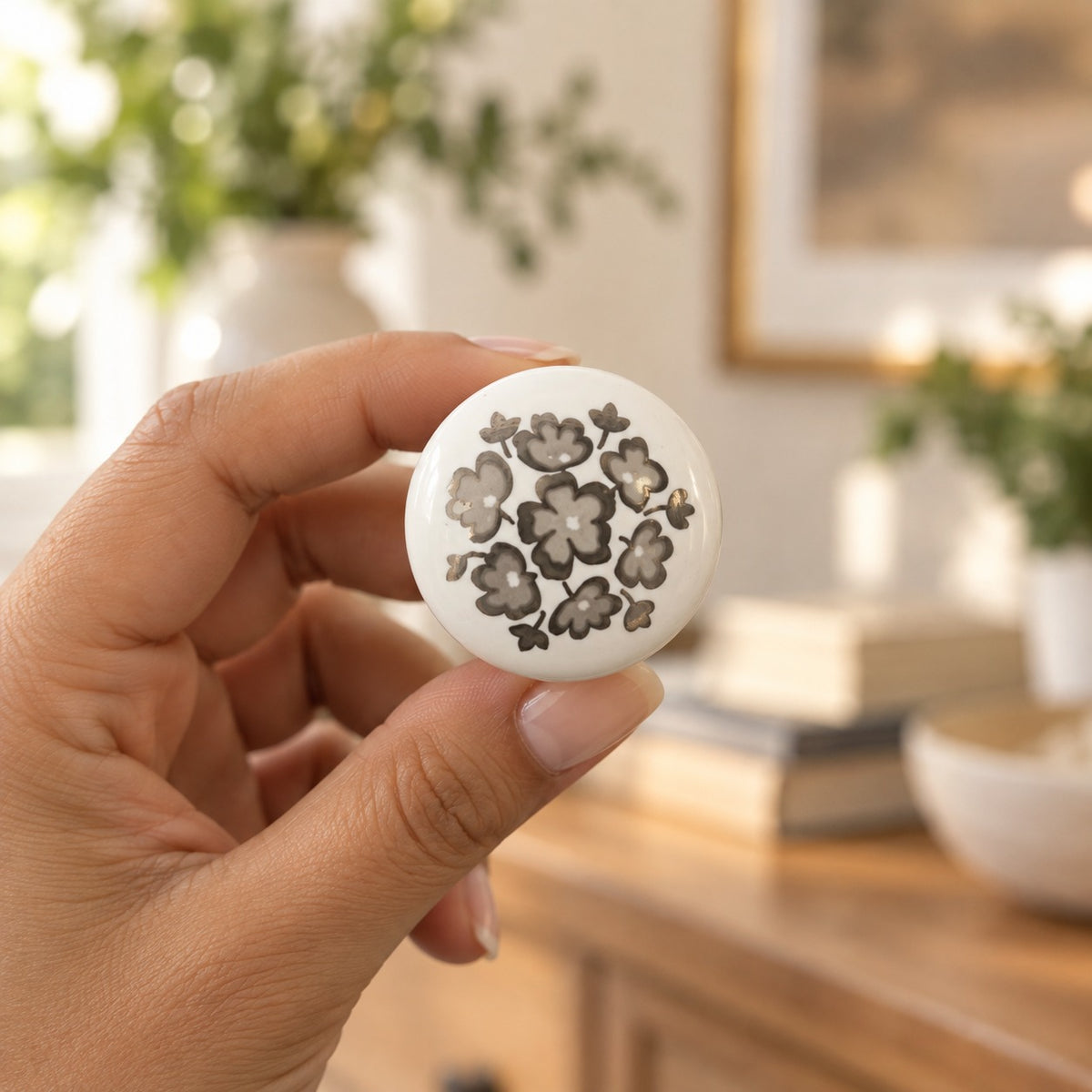 White Floral Ceramic Cabinet Knob with Silver Metal Base