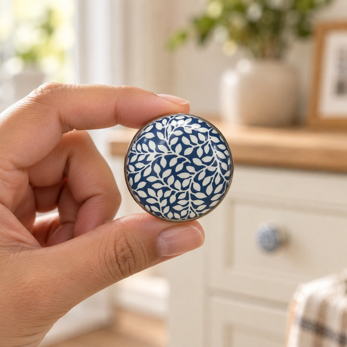 Blue & White Floral Ceramic Cabinet Knob with Silver-Tone Base