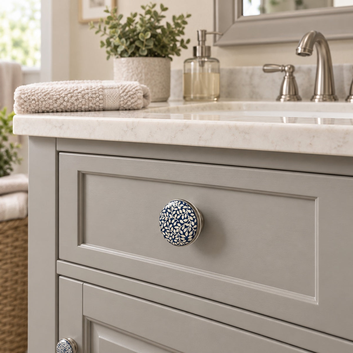 Blue & White Floral Ceramic Cabinet Knob with Silver-Tone Base