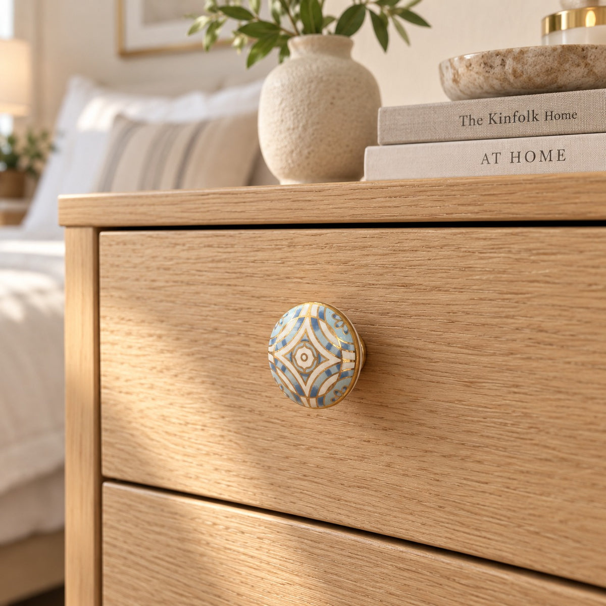 Blue & White Ceramic Cabinet Knob with Gold Floral Design