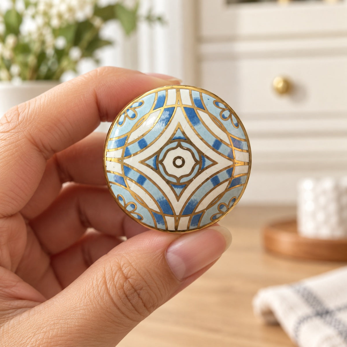 Blue & White Ceramic Cabinet Knob with Gold Floral Design