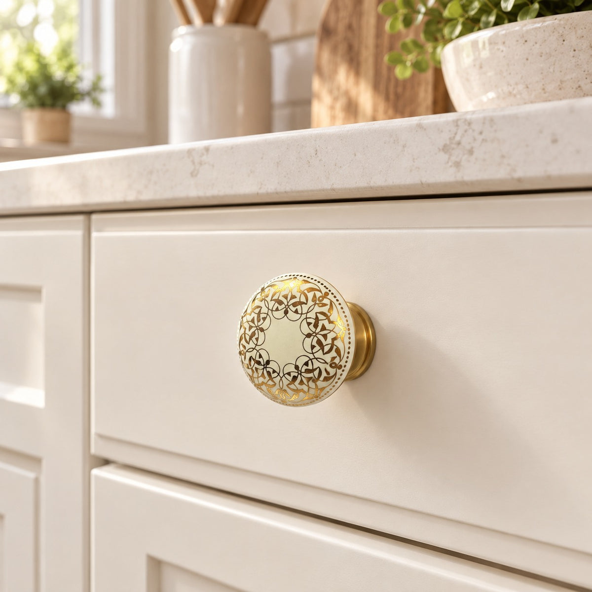 White & Gold Floral Ceramic Cabinet Knob with Brass Base