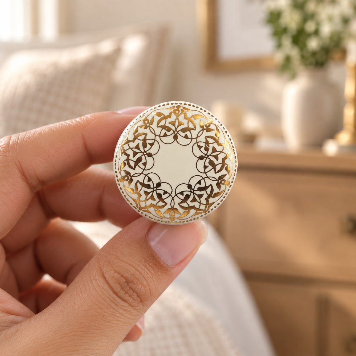 White & Gold Floral Ceramic Cabinet Knob with Brass Base