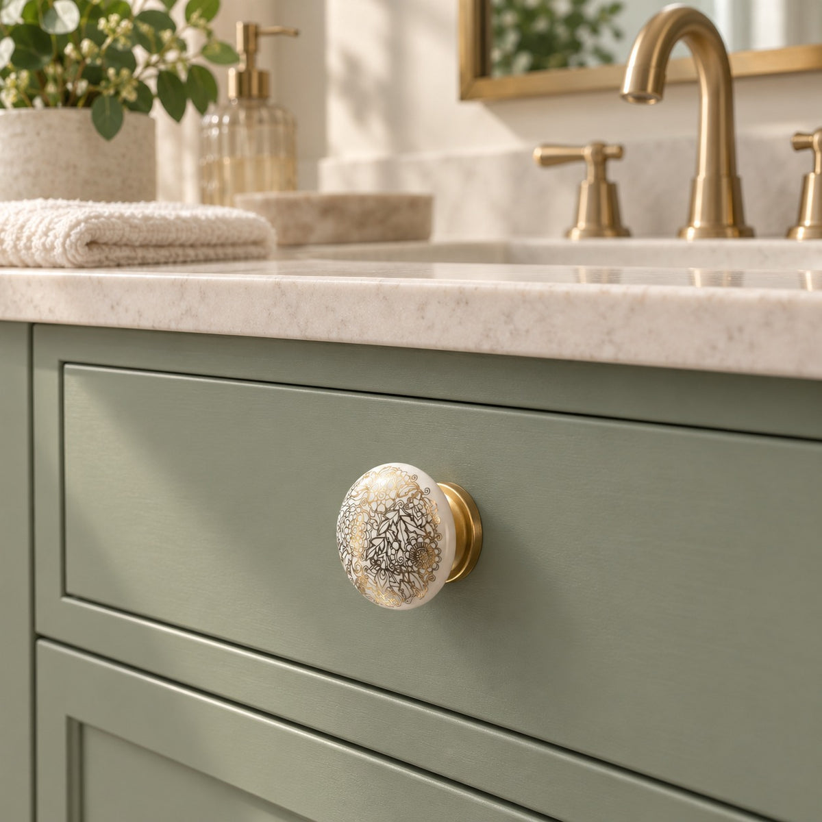 White Ceramic Floral Cabinet Knob with Gold Base