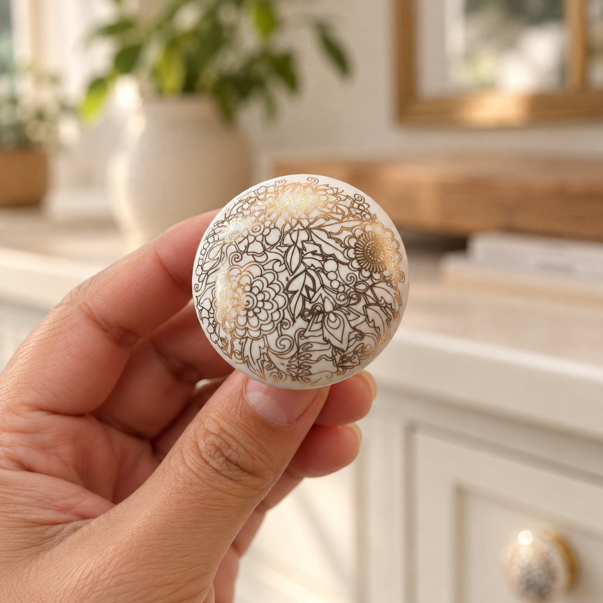White Ceramic Floral Cabinet Knob with Gold Base