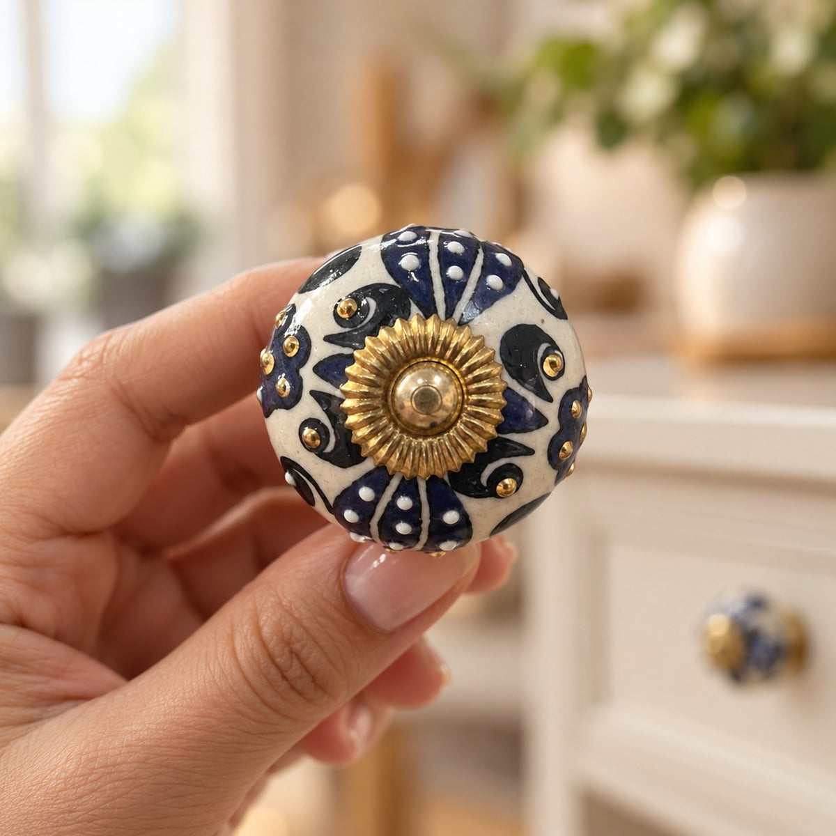 Hand Painted Ceramic Cabinet Knob with Brass Base