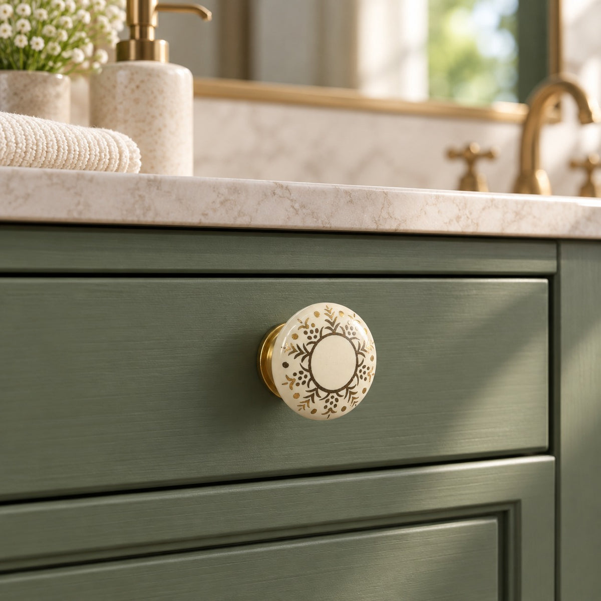 Ivory Ceramic Cabinet Knob with Gold Floral Design