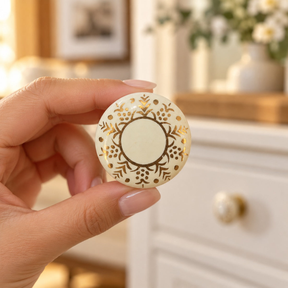 Ivory Ceramic Cabinet Knob with Gold Floral Design