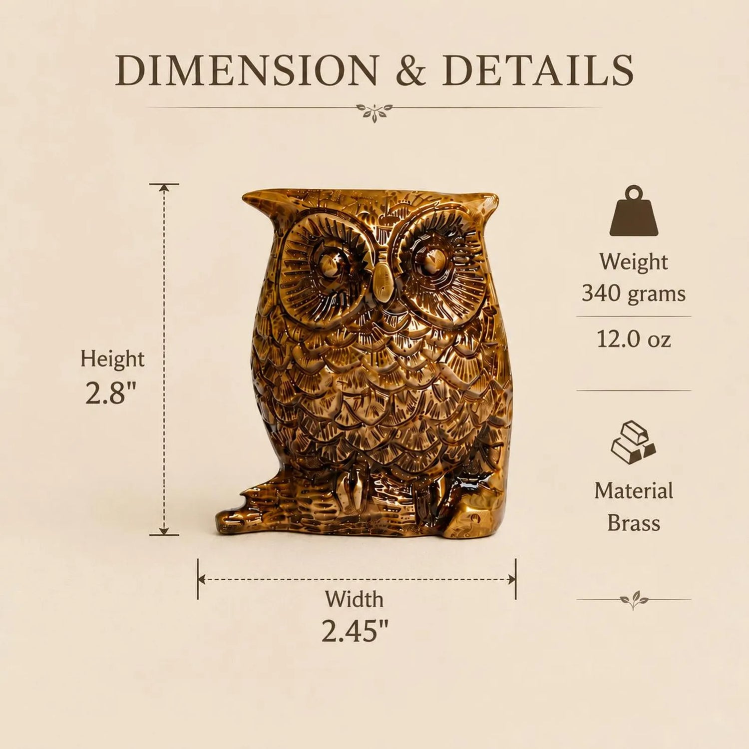 Handcrafted Solid Brass Owl Figurine Statue