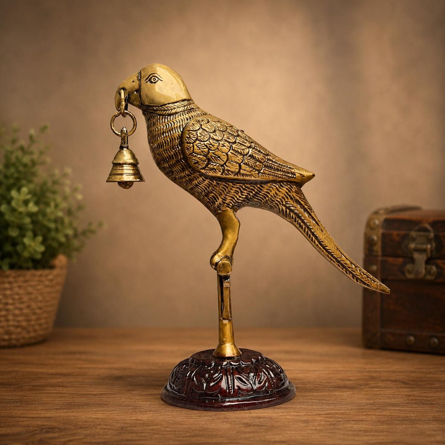 Handcrafted Solid Brass Parrot Statue with Hanging Bell
