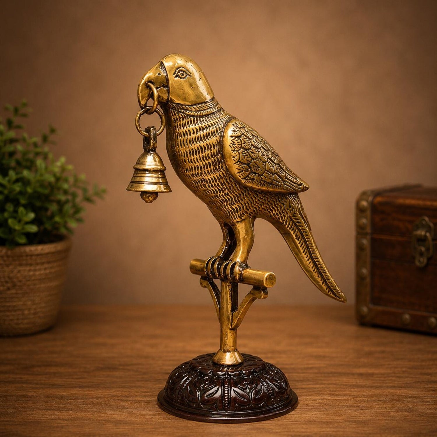 Handcrafted Solid Brass Parrot Statue with Hanging Bell